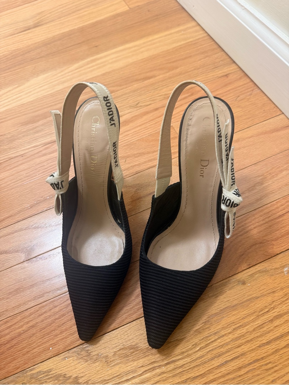 Dior Black Pointed Toe Slingback Pumps with Cream J'Adior Strap